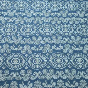Medium Blue with White Floral Embroidery Cotton Denim Fabric
