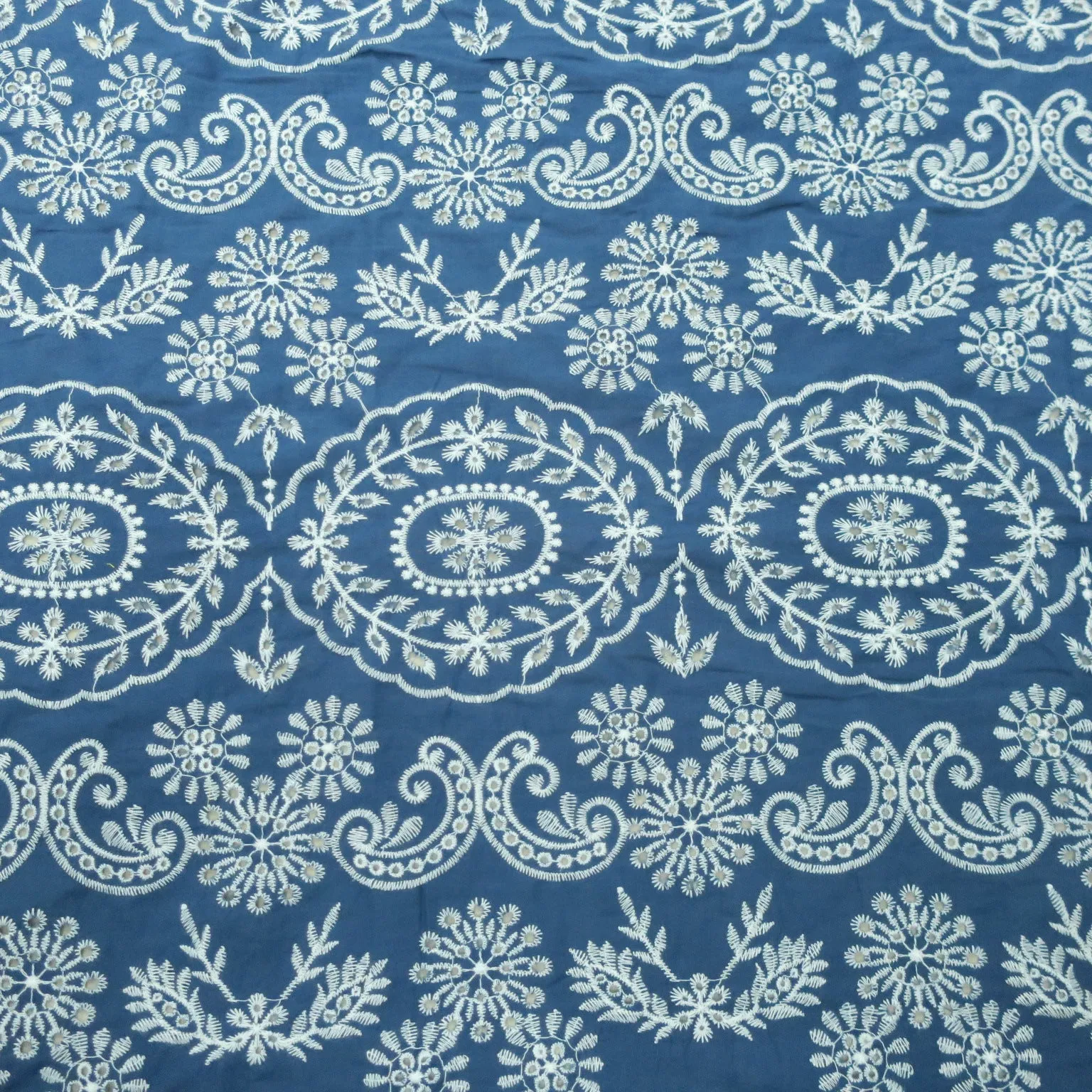 Medium Blue with White Floral Embroidery Cotton Denim Fabric