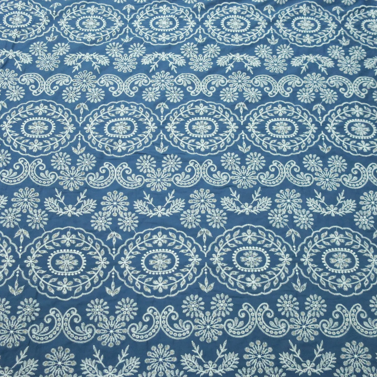 Medium Blue with White Floral Embroidery Cotton Denim Fabric