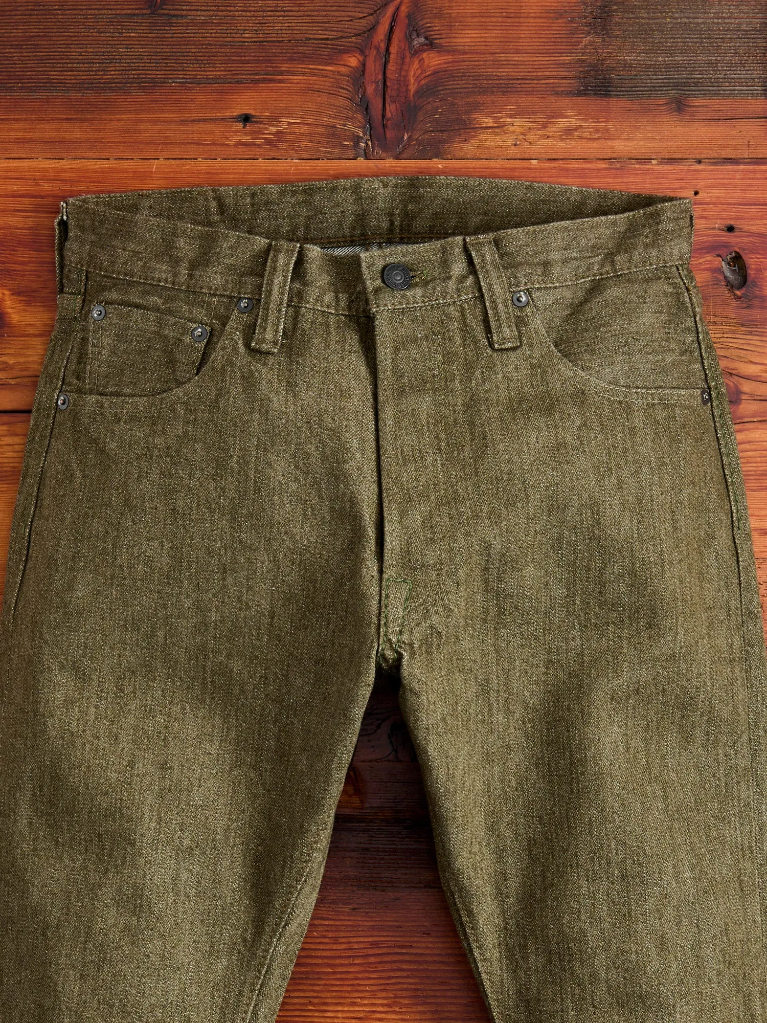 OL-14oz-019 14oz Rinsed Olive Selvedge Denim - Relaxed Tapered Fit