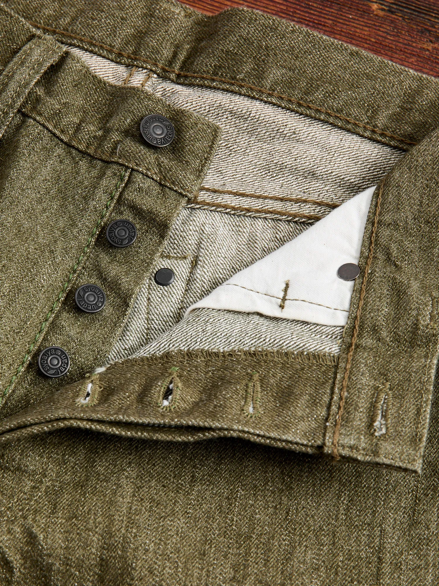 OL-14oz-019 14oz Rinsed Olive Selvedge Denim - Relaxed Tapered Fit