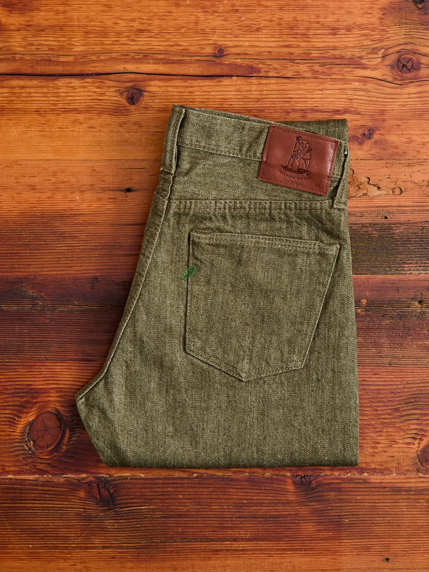 OL-14oz-019 14oz Rinsed Olive Selvedge Denim - Relaxed Tapered Fit