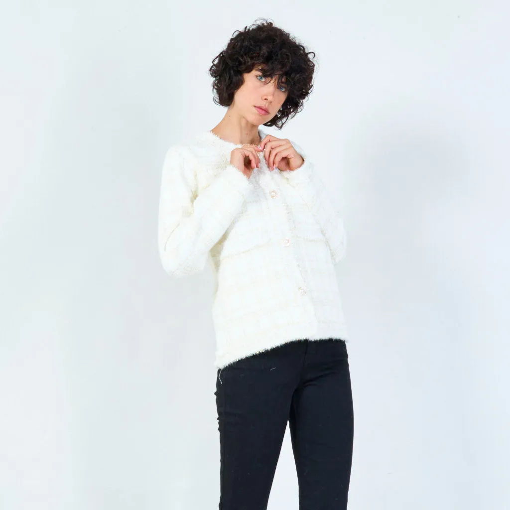 Plaid fringe-trim cardigan with pearl buttons wholesale