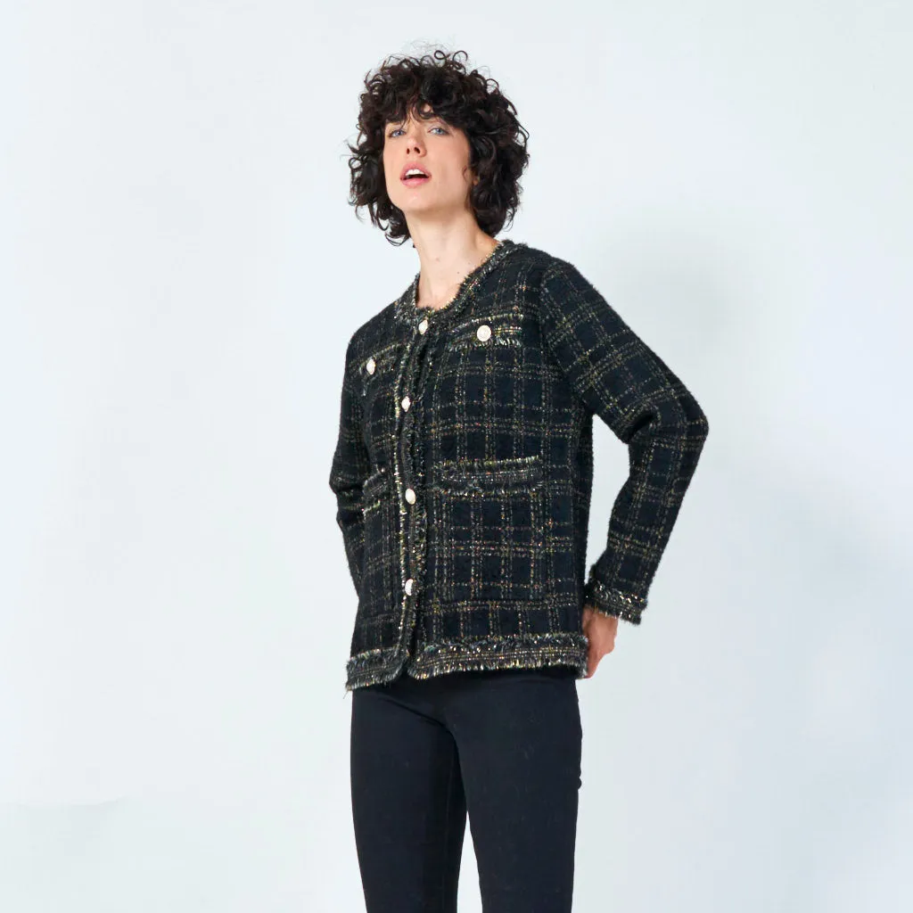 Plaid fringe-trim cardigan with pearl buttons wholesale