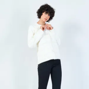 Plaid fringe-trim cardigan with pearl buttons wholesale