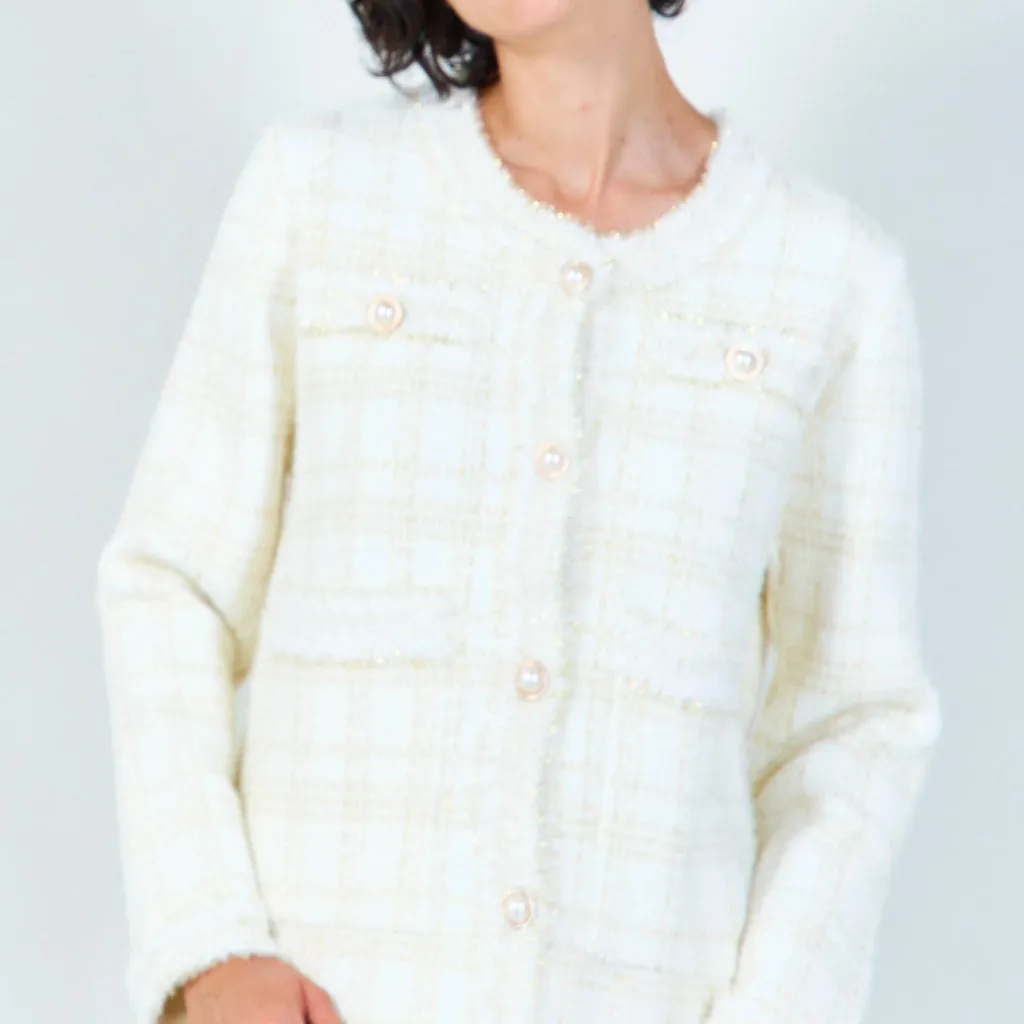 Plaid fringe-trim cardigan with pearl buttons wholesale