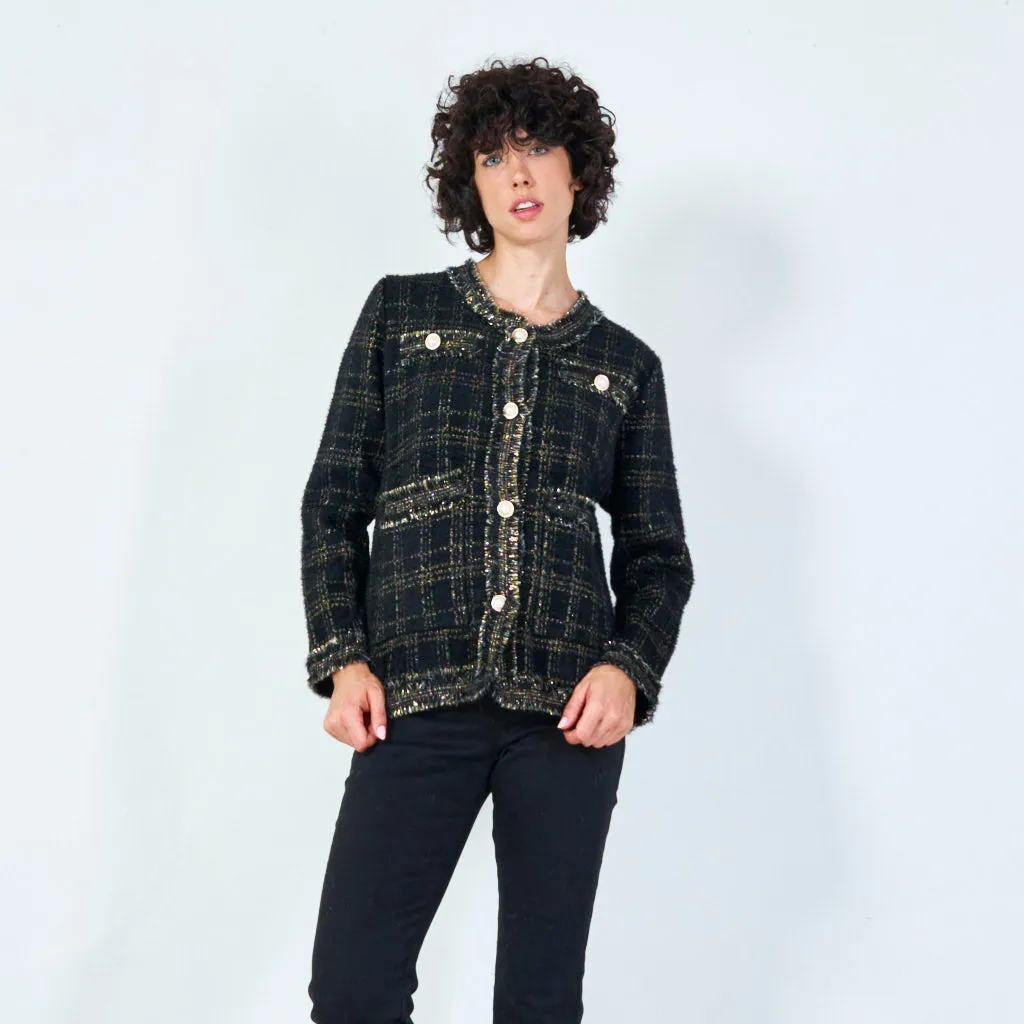 Plaid fringe-trim cardigan with pearl buttons wholesale