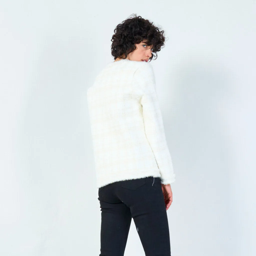 Plaid fringe-trim cardigan with pearl buttons wholesale