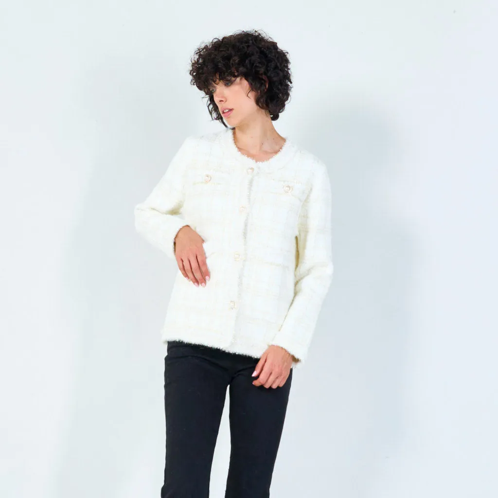 Plaid fringe-trim cardigan with pearl buttons wholesale