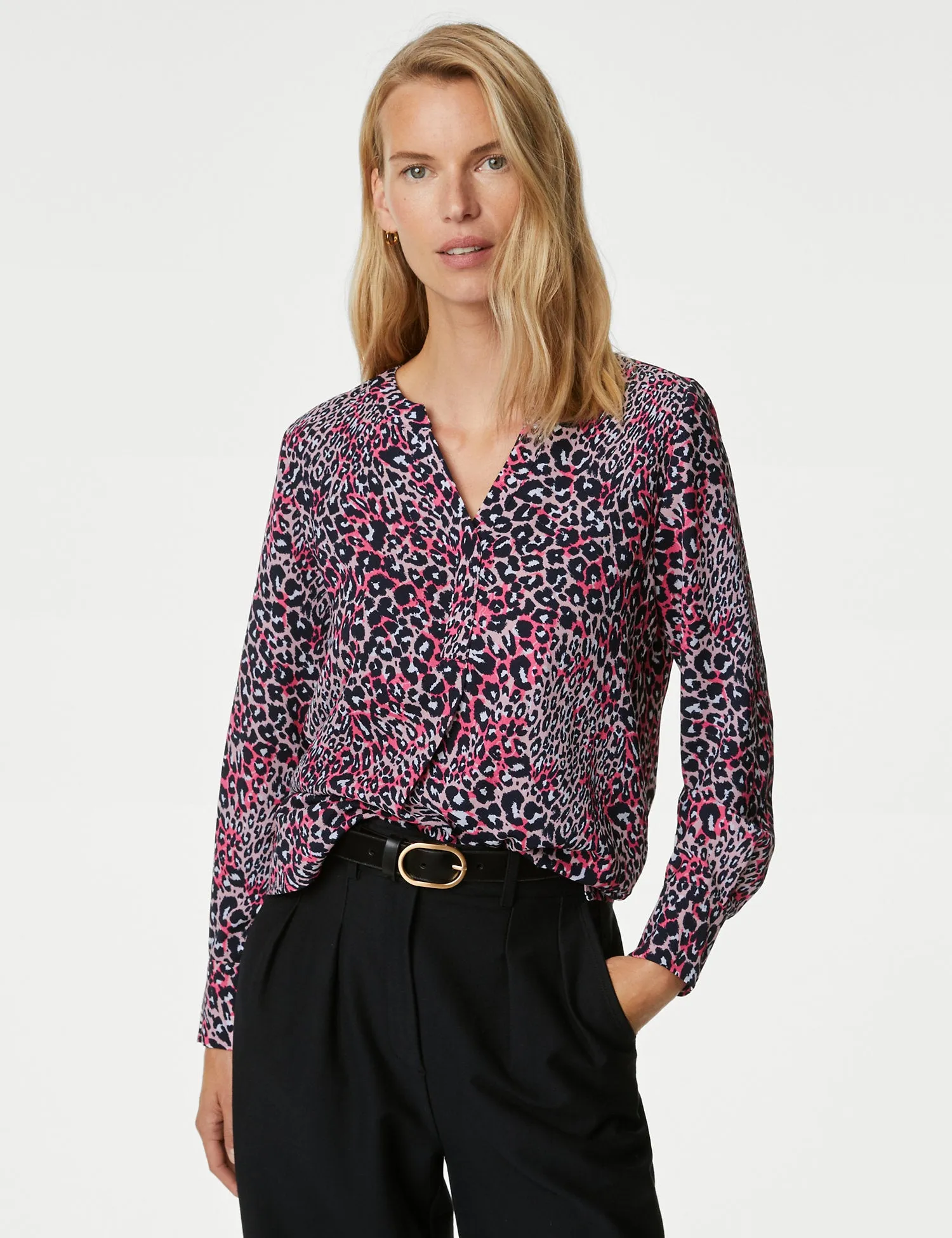 Printed V-Neck Popover Blouse