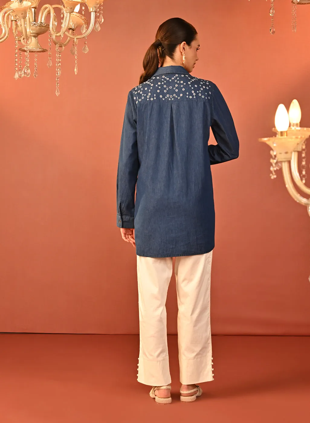 Raima Denim Blue Embroidered Denim Shirt for Women