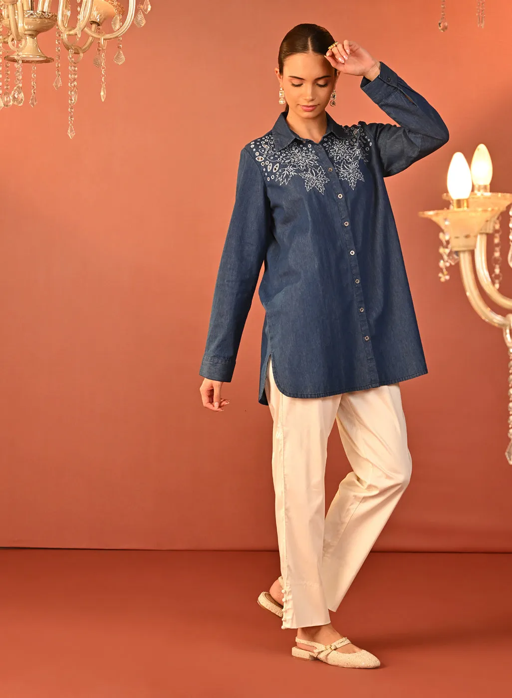 Raima Denim Blue Embroidered Denim Shirt for Women