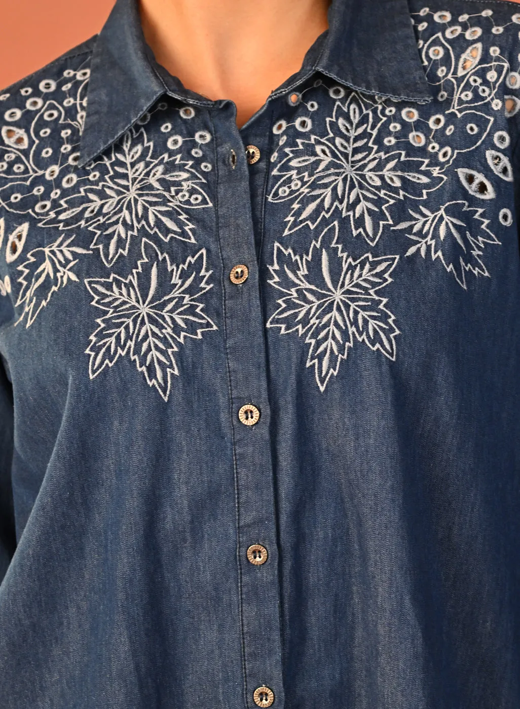 Raima Denim Blue Embroidered Denim Shirt for Women