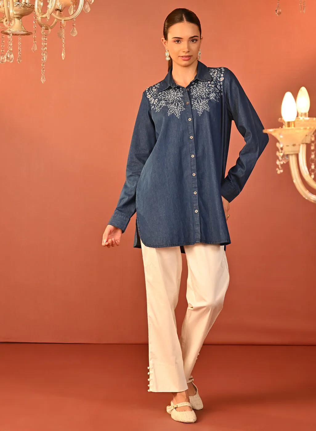Raima Denim Blue Embroidered Denim Shirt for Women