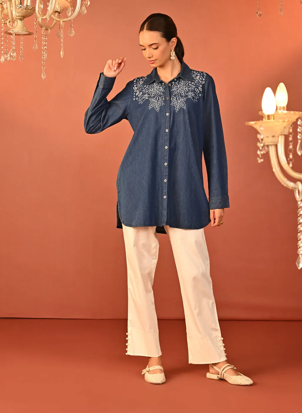 Raima Denim Blue Embroidered Denim Shirt for Women