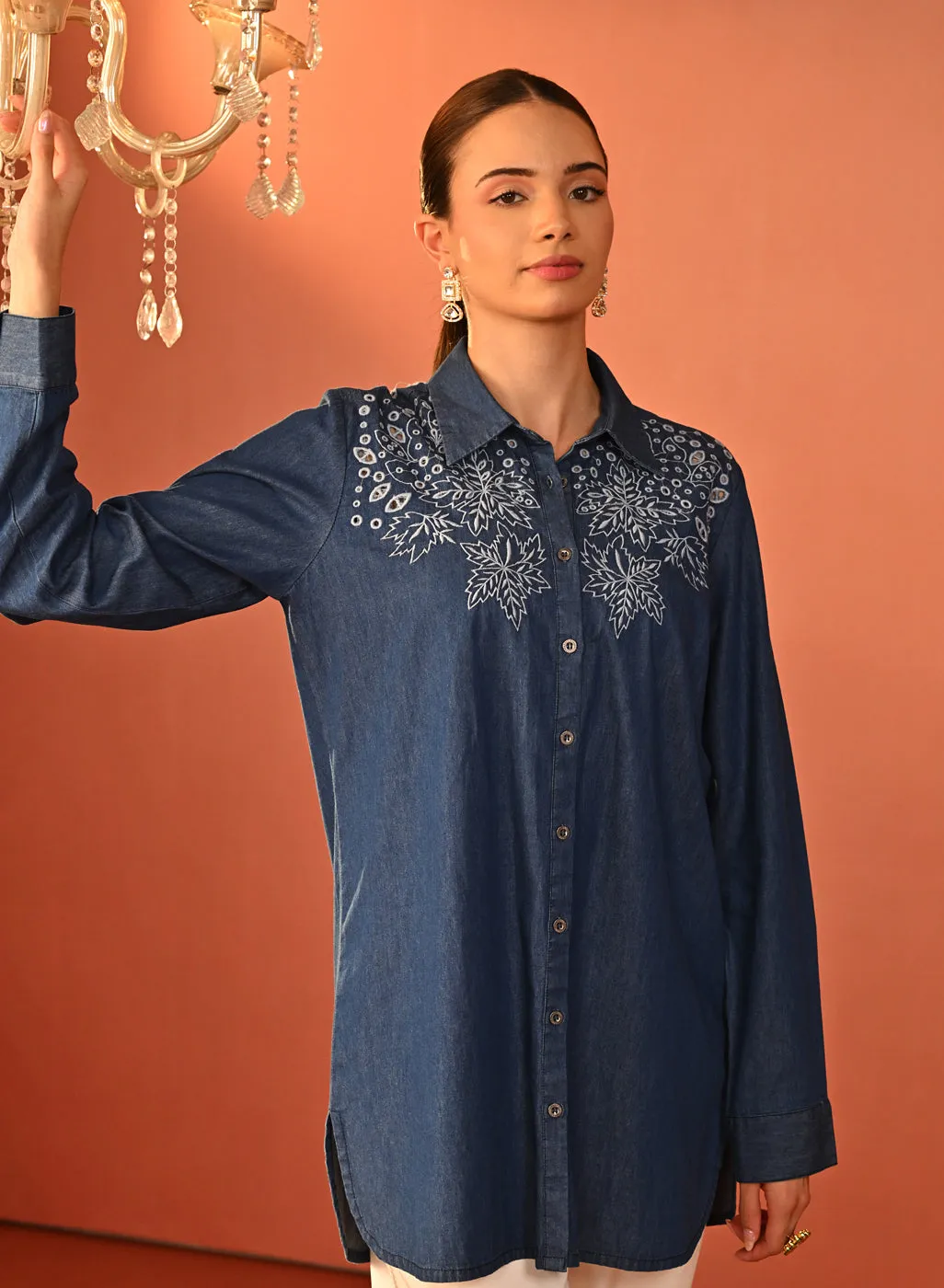 Raima Denim Blue Embroidered Denim Shirt for Women