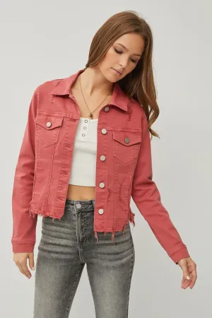 Raw Hem Button Up Cropped Denim Jacket