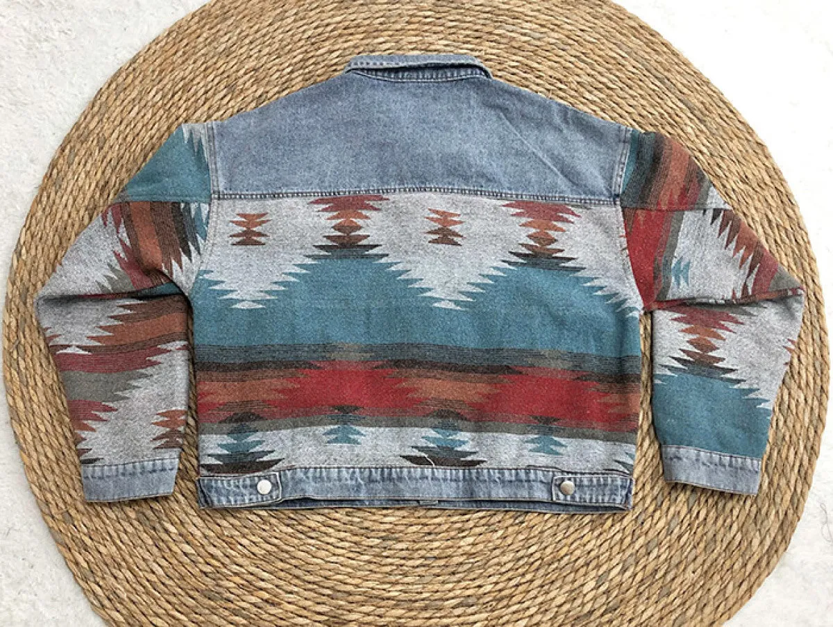 Retro Long-Sleeved Colorblock Denim Jackets With Pocket