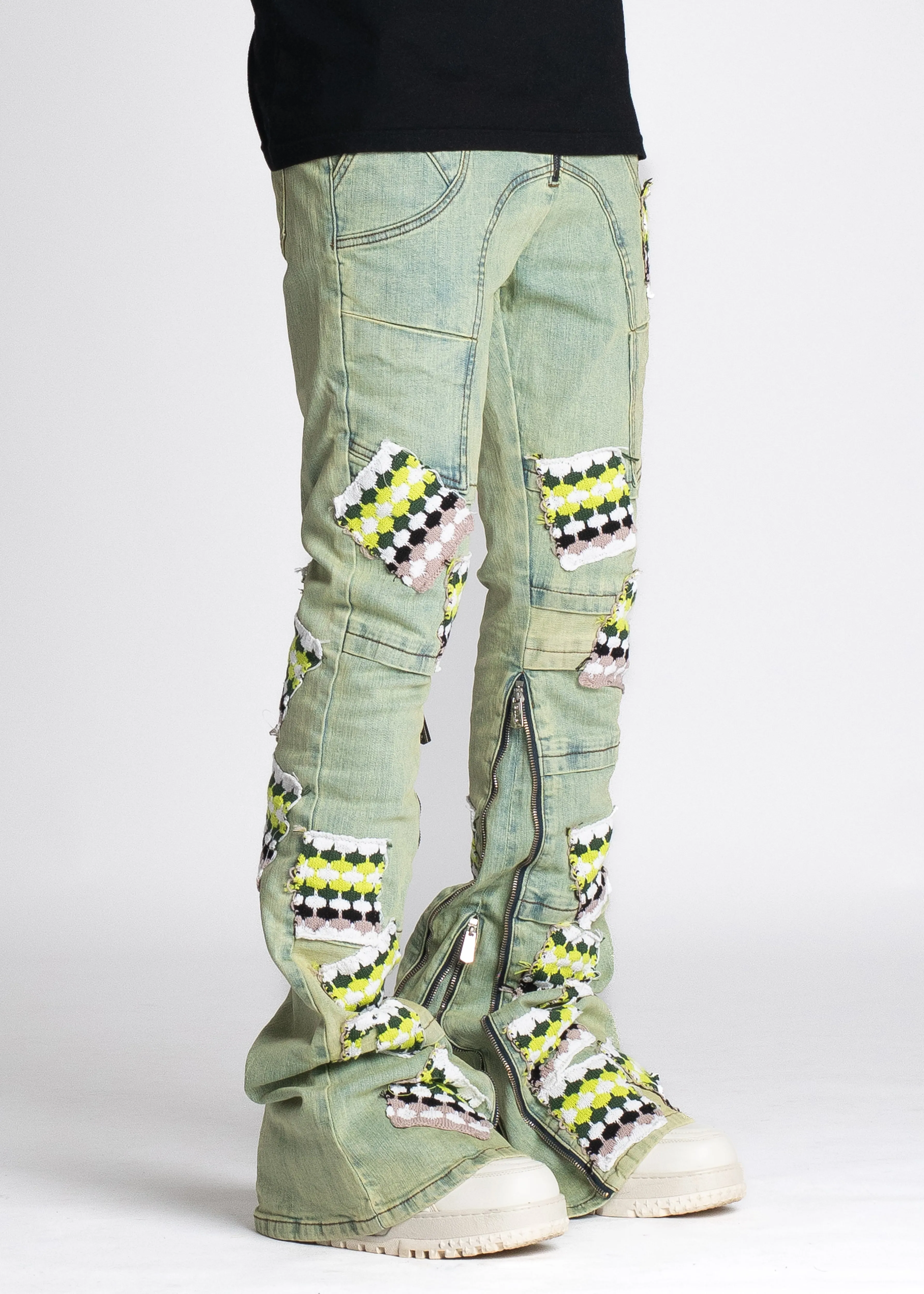 Slime Green Knit Patches Denim