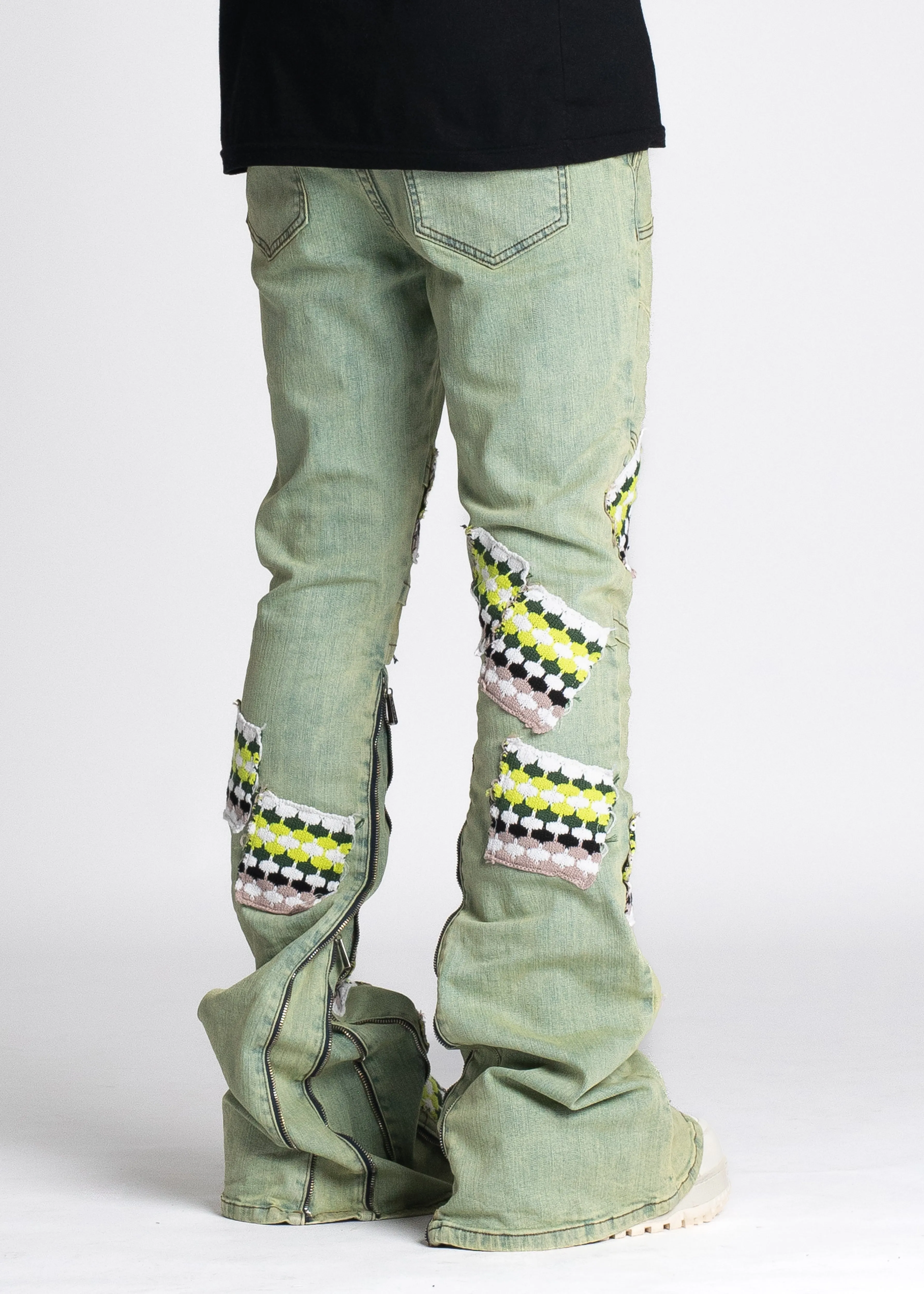 Slime Green Knit Patches Denim