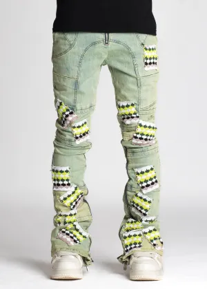 Slime Green Knit Patches Denim