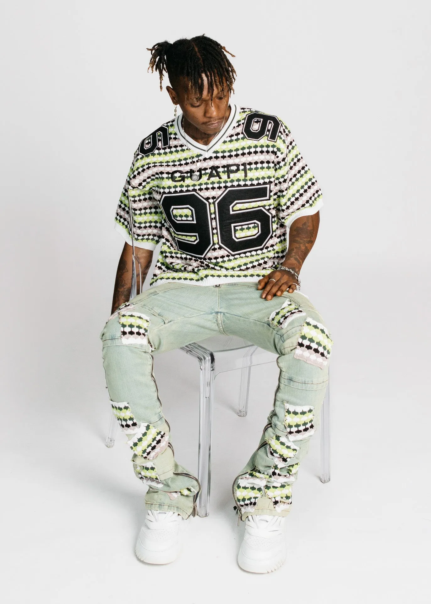 Slime Green Knit Patches Denim