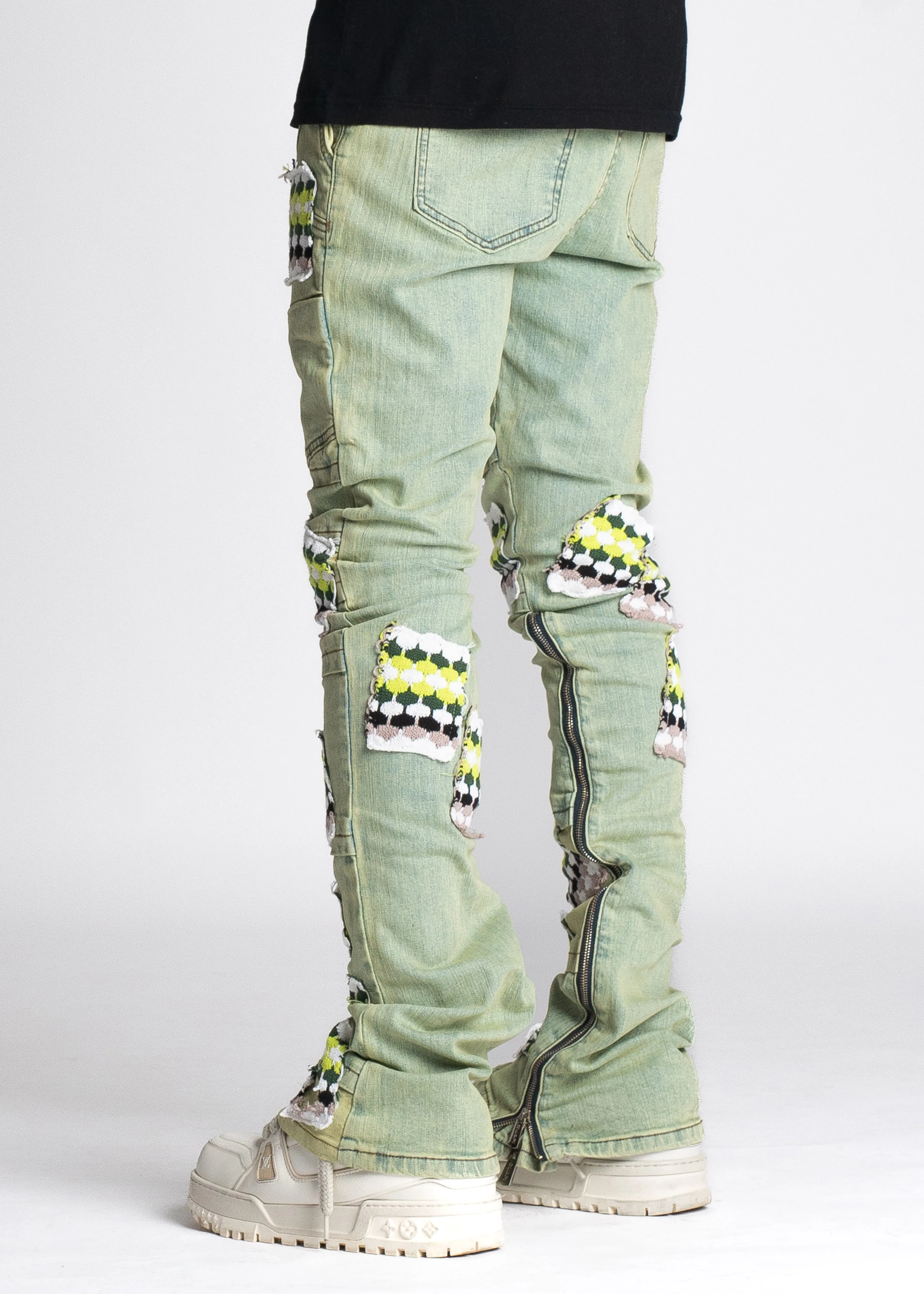 Slime Green Knit Patches Denim