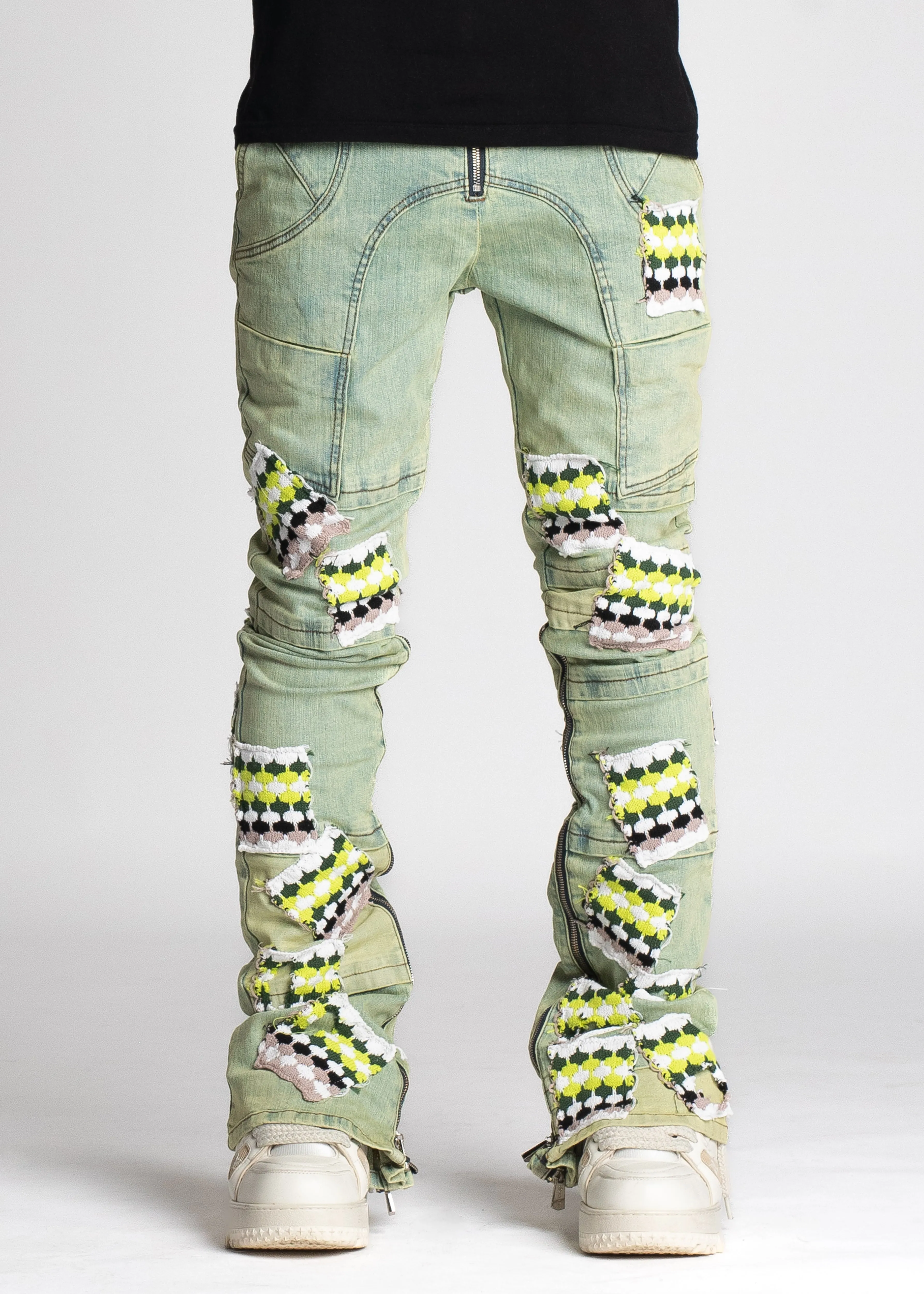 Slime Green Knit Patches Denim