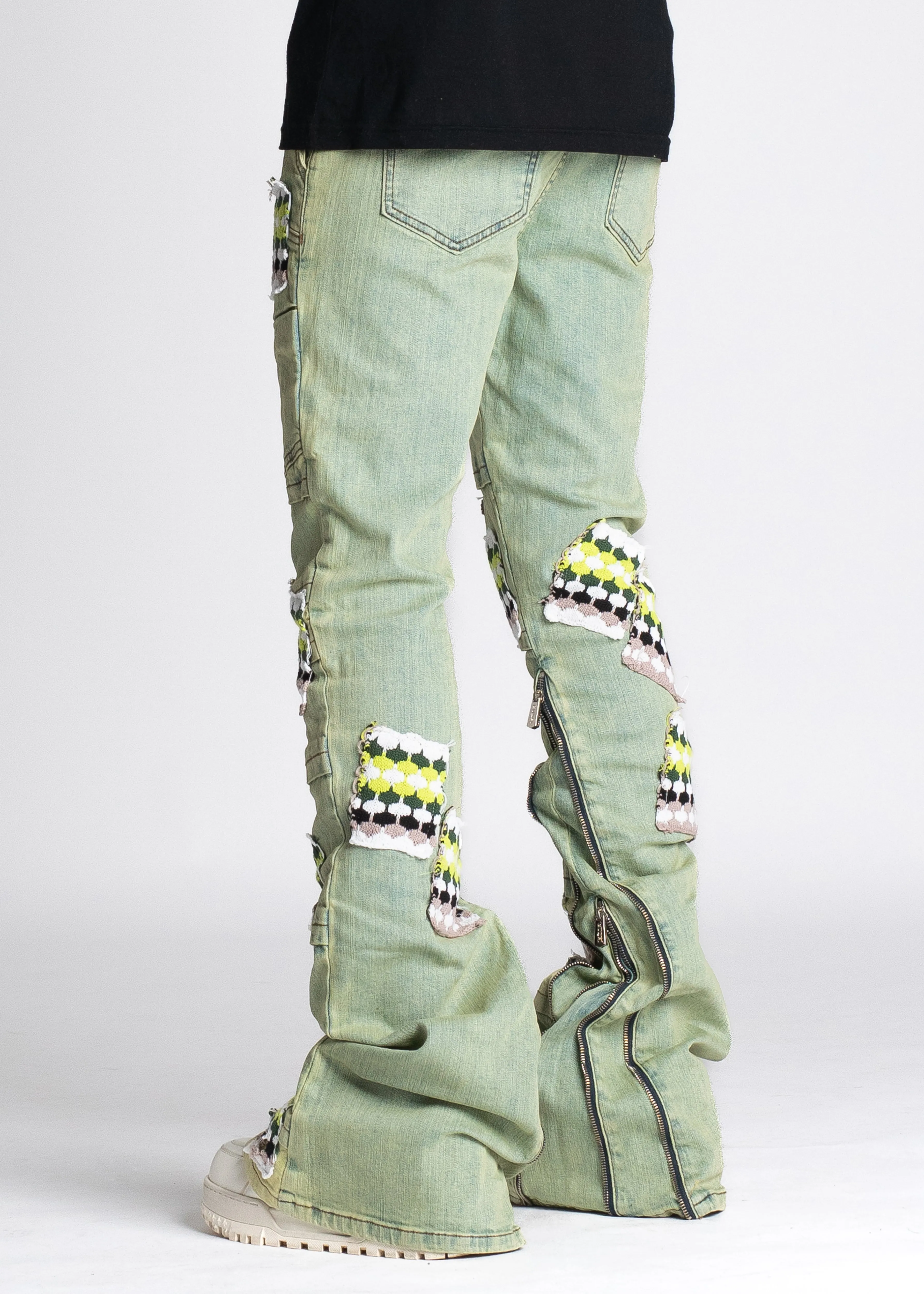 Slime Green Knit Patches Denim