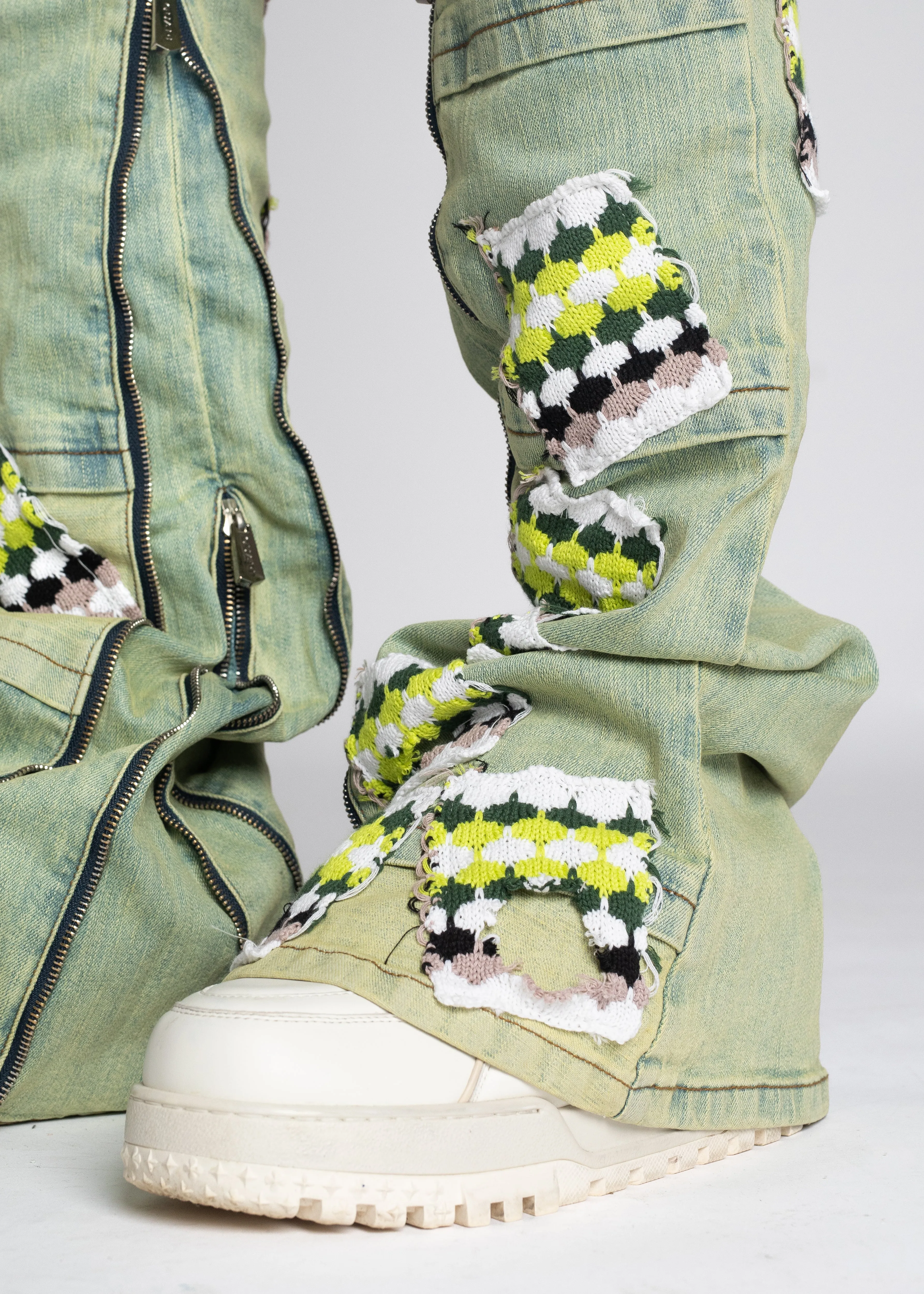 Slime Green Knit Patches Denim