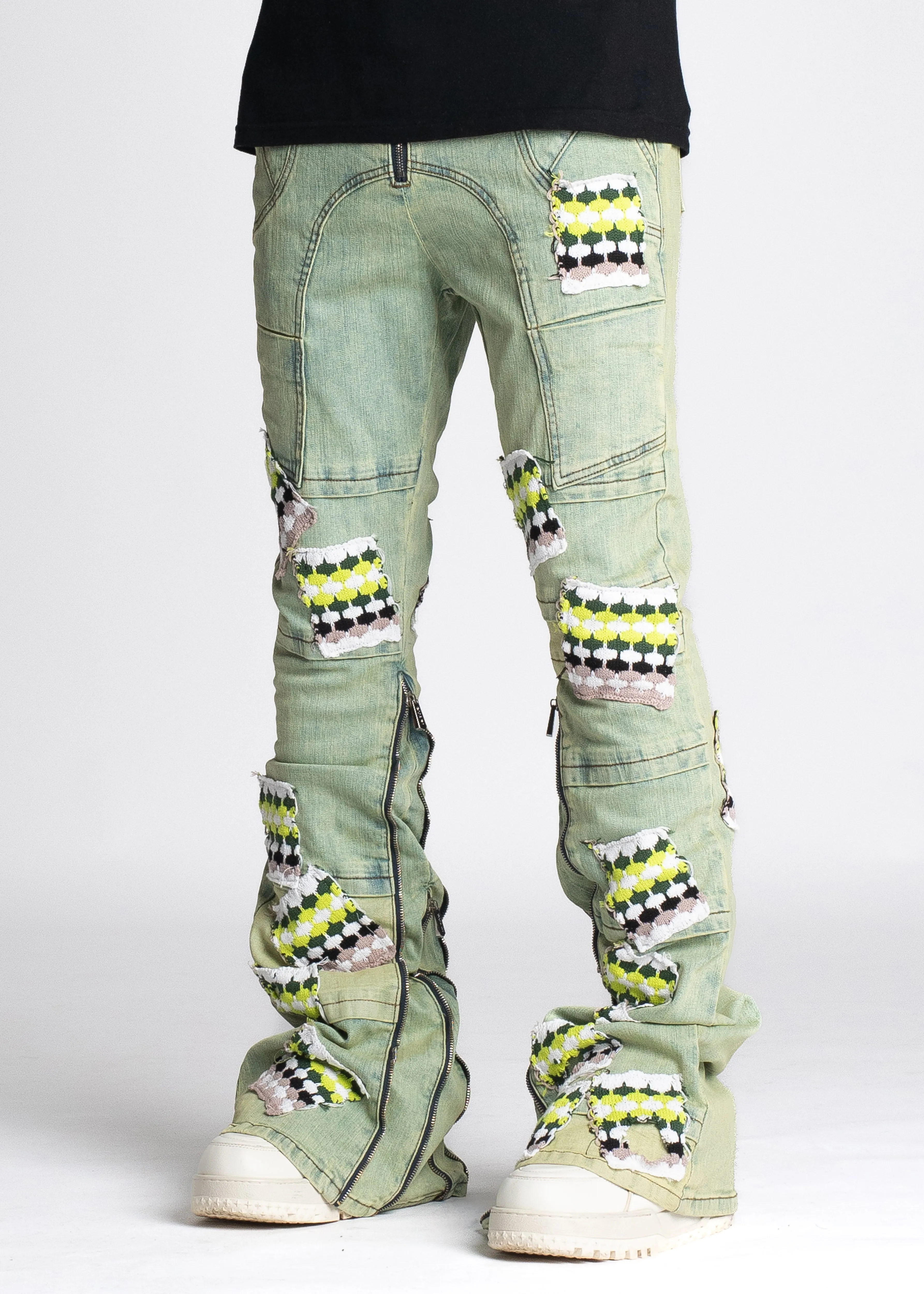 Slime Green Knit Patches Denim