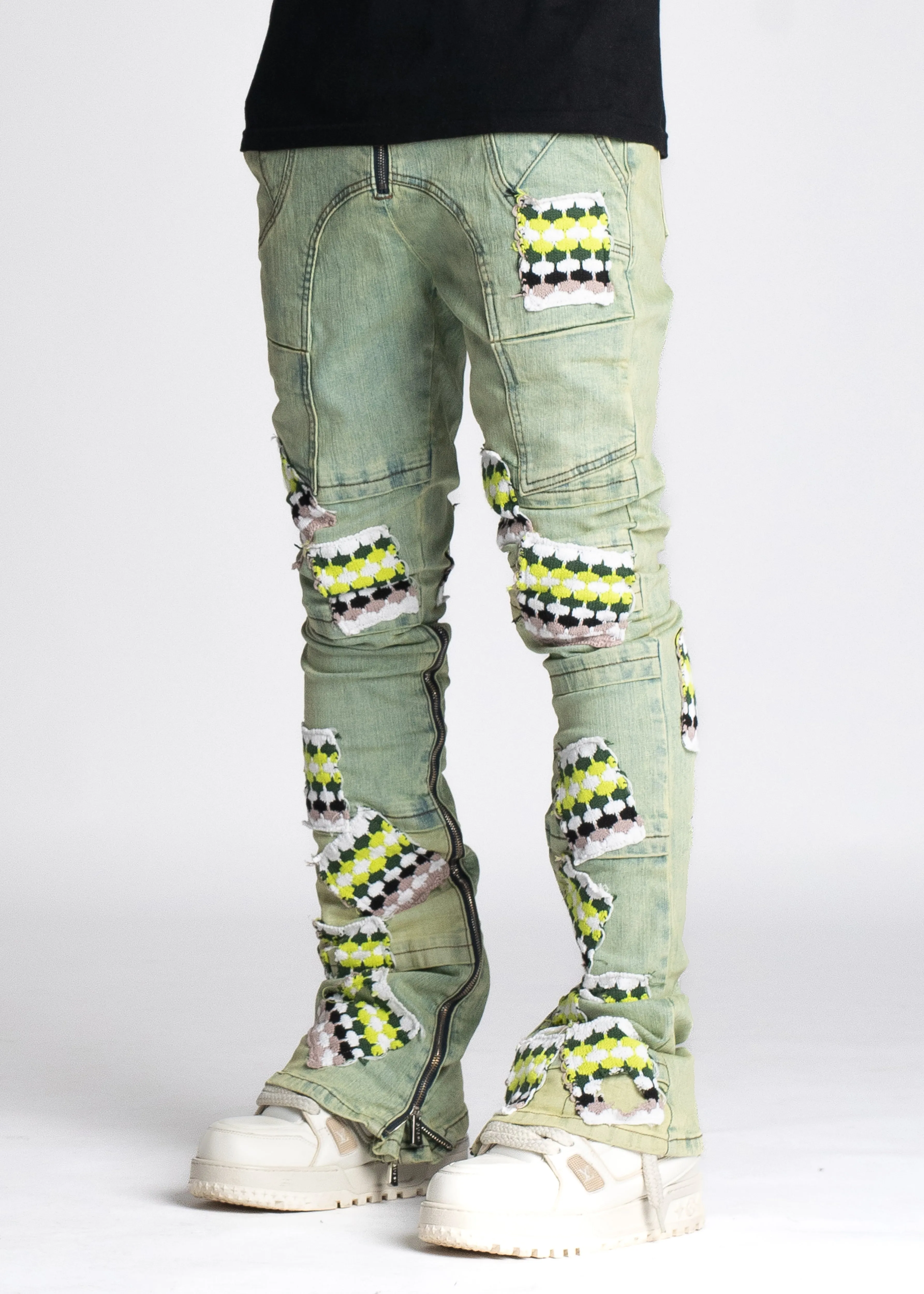 Slime Green Knit Patches Denim