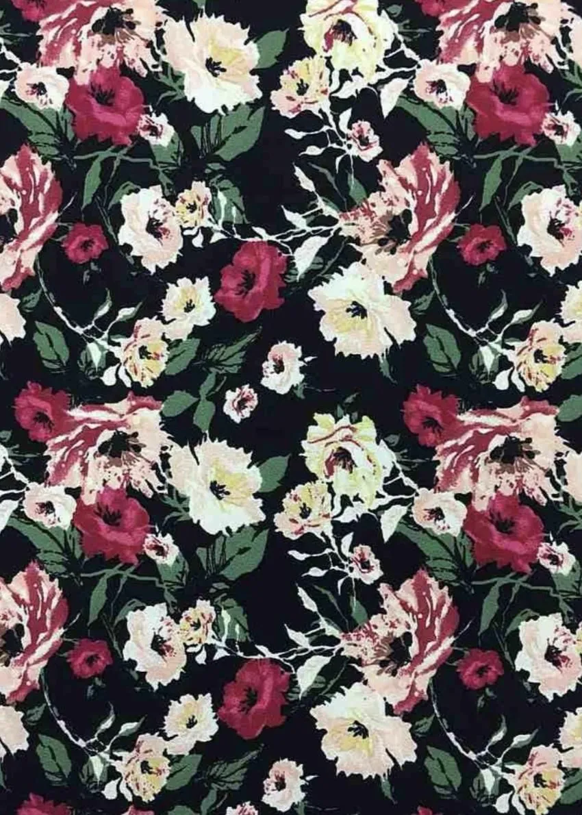 TECHNO CREPE WITH FLORAL PRINT<br><h6>3-BLACK/RUBY<br>201CPRT-FL01</h6>