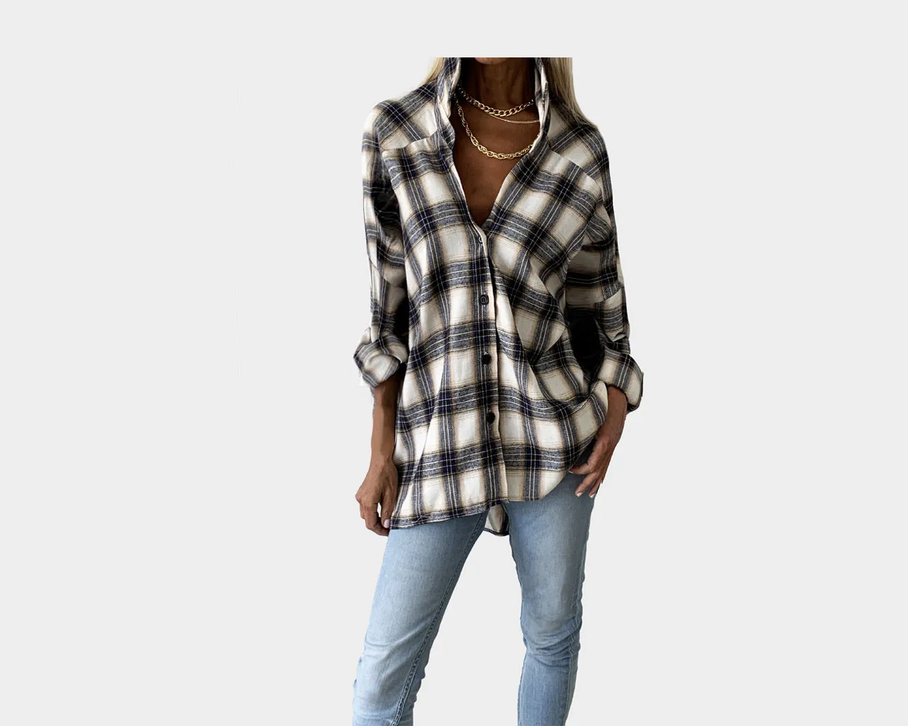 Wide Empire Sleeves Checkered Print Shirt - The Malibu