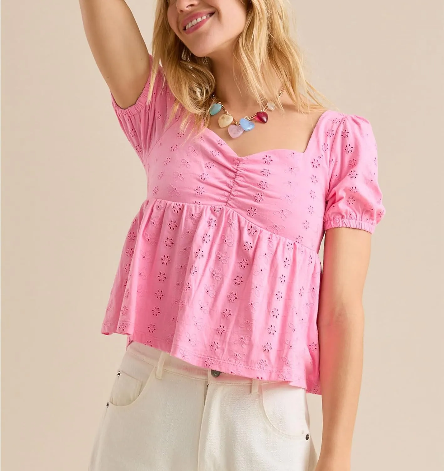 Women Summer Ruffle Cap Sleeve Blouse Cute Bow Embroidered Babydoll Tops Smocked Sweetheart Neck Crop T-Shirt