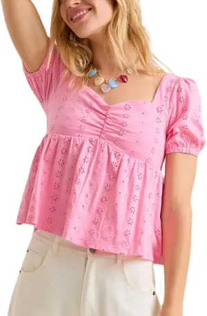 Women Summer Ruffle Cap Sleeve Blouse Cute Bow Embroidered Babydoll Tops Smocked Sweetheart Neck Crop T-Shirt