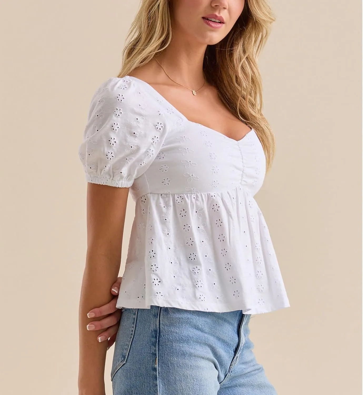 Women Summer Ruffle Cap Sleeve Blouse Cute Bow Embroidered Babydoll Tops Smocked Sweetheart Neck Crop T-Shirt