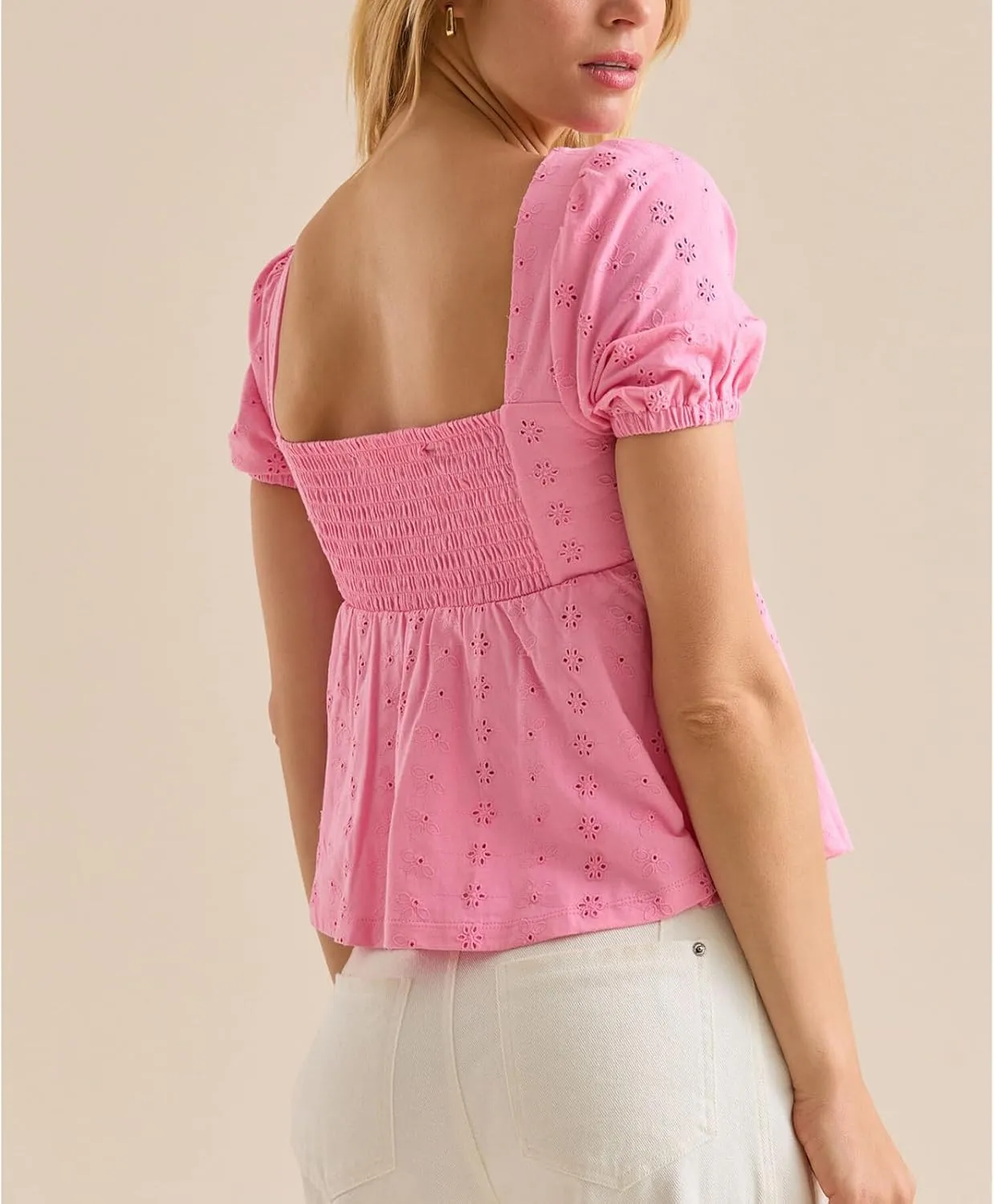 Women Summer Ruffle Cap Sleeve Blouse Cute Bow Embroidered Babydoll Tops Smocked Sweetheart Neck Crop T-Shirt