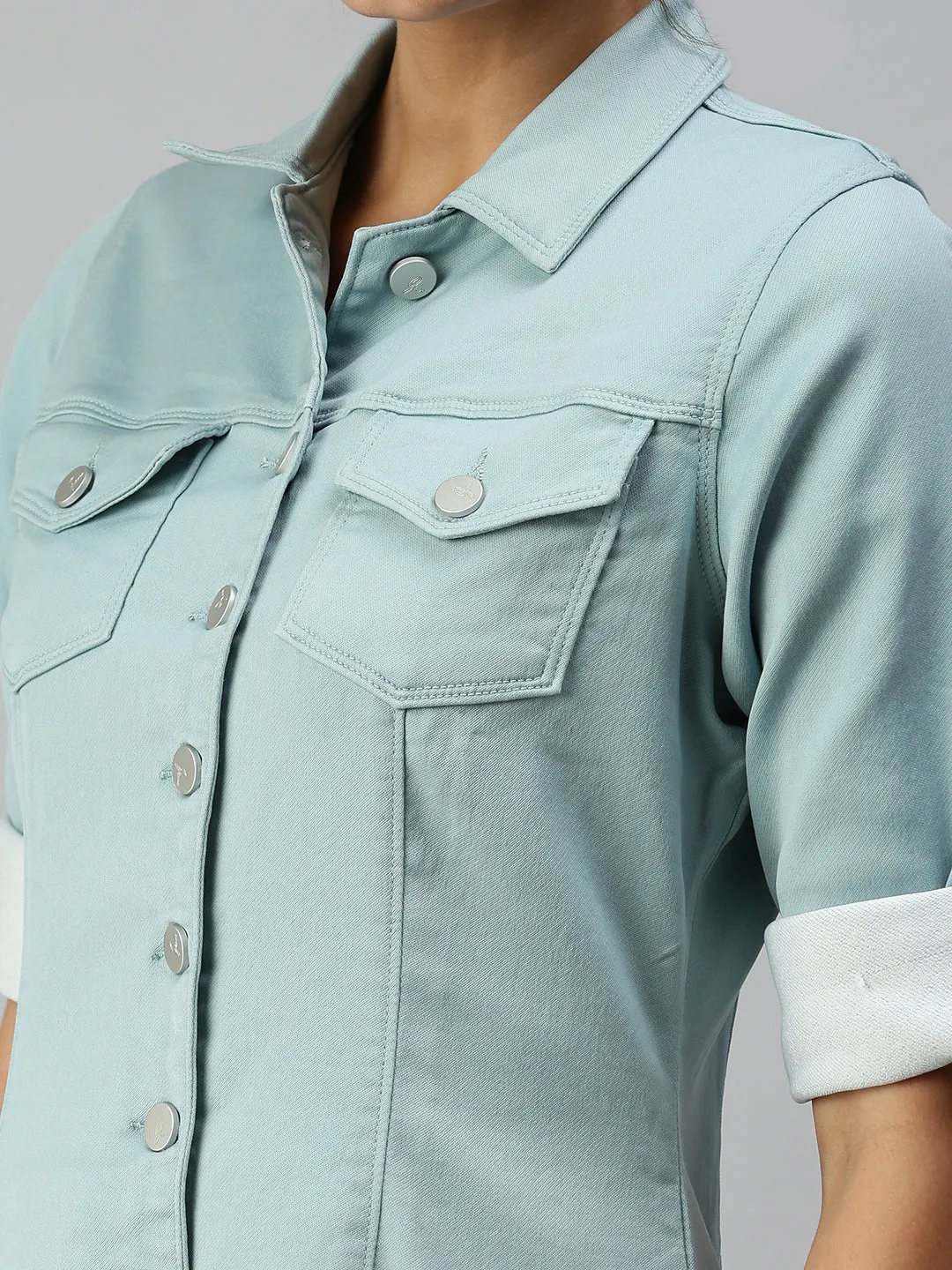 Women's Green Solid Denim Jacket