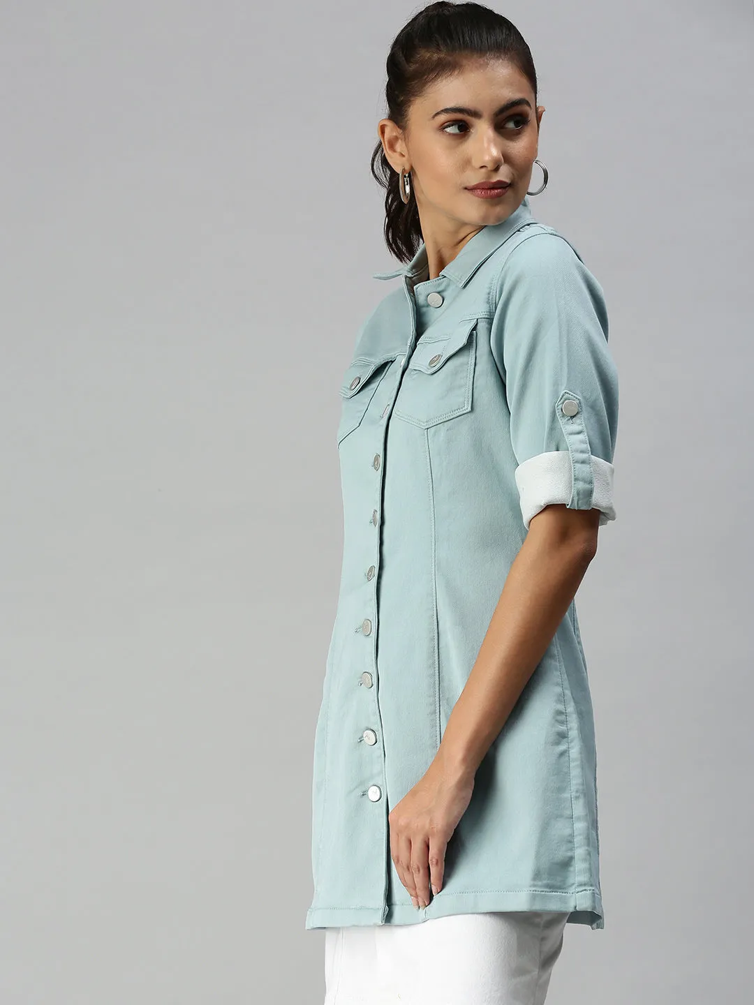 Women's Green Solid Denim Jacket