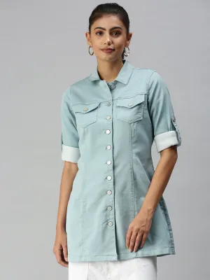 Women's Green Solid Denim Jacket