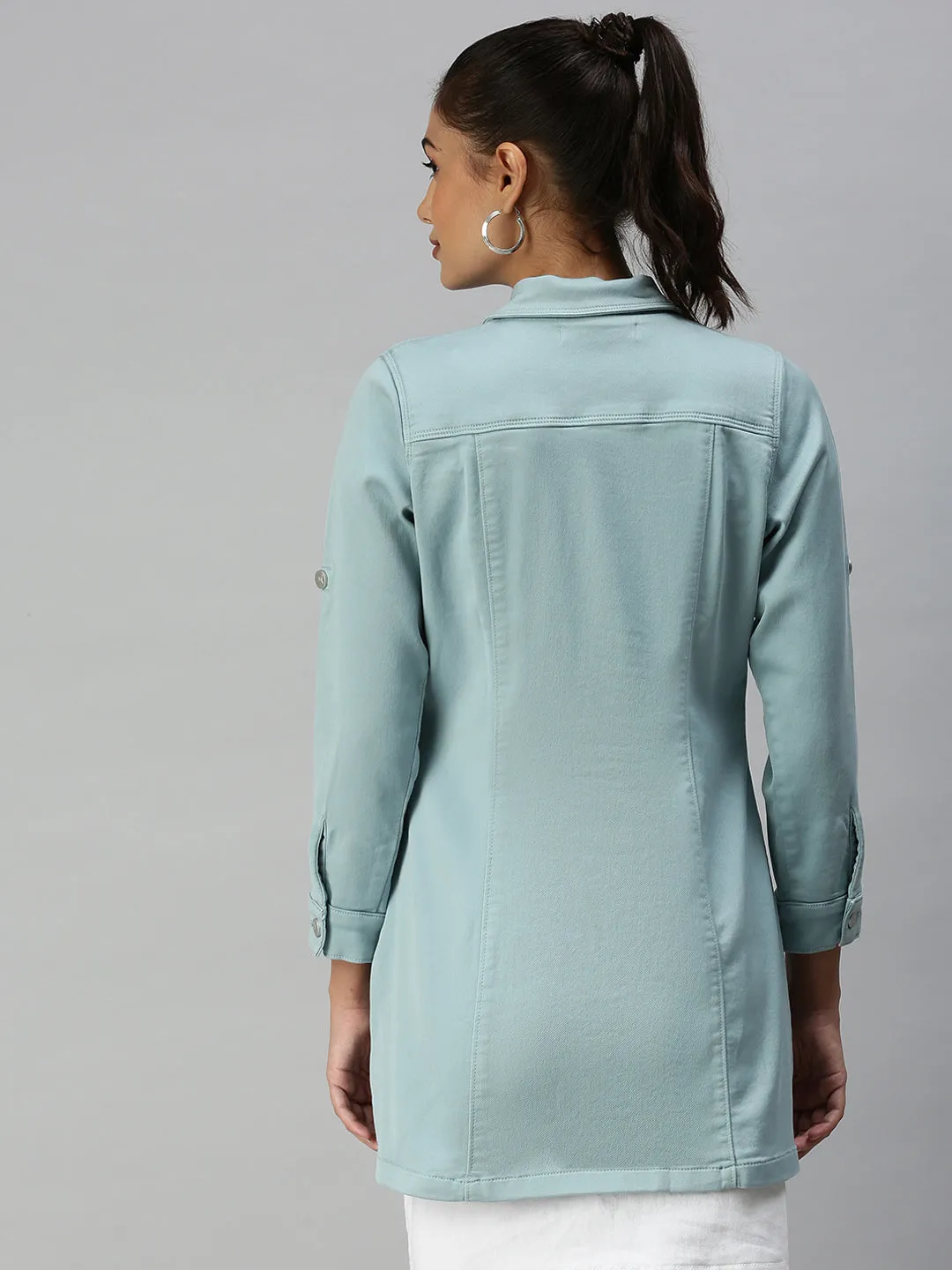 Women's Green Solid Denim Jacket