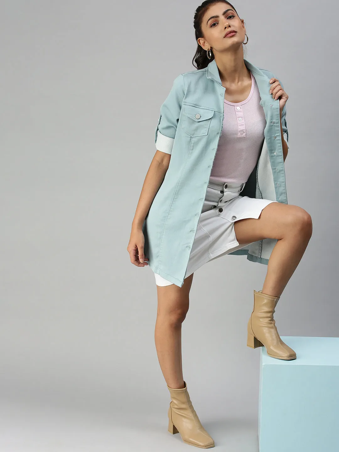 Women's Green Solid Denim Jacket