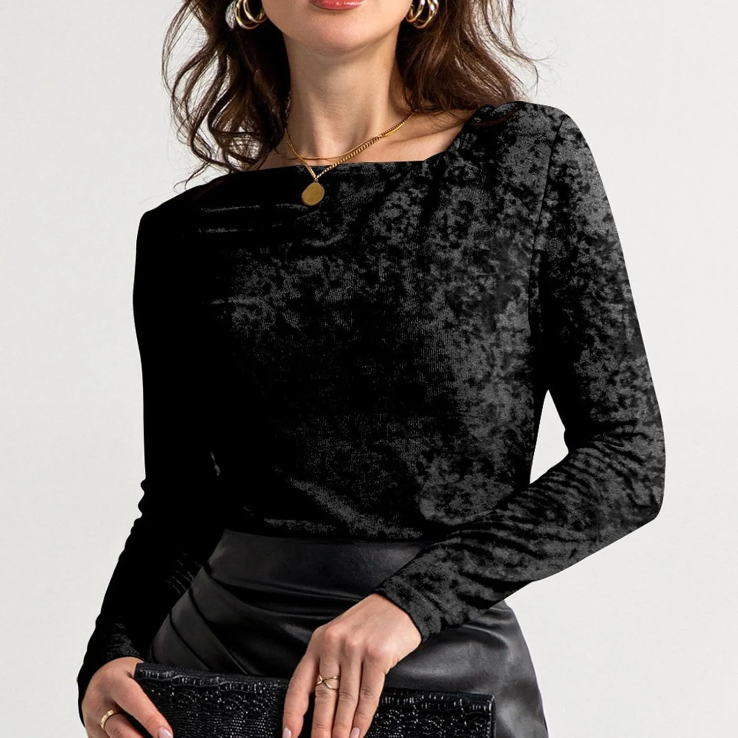 Women's Party Velvet Tops Long Sleeve Slim Fitted T-Shirt Solid V Neck Dressy Work Shirts Velour Blouses