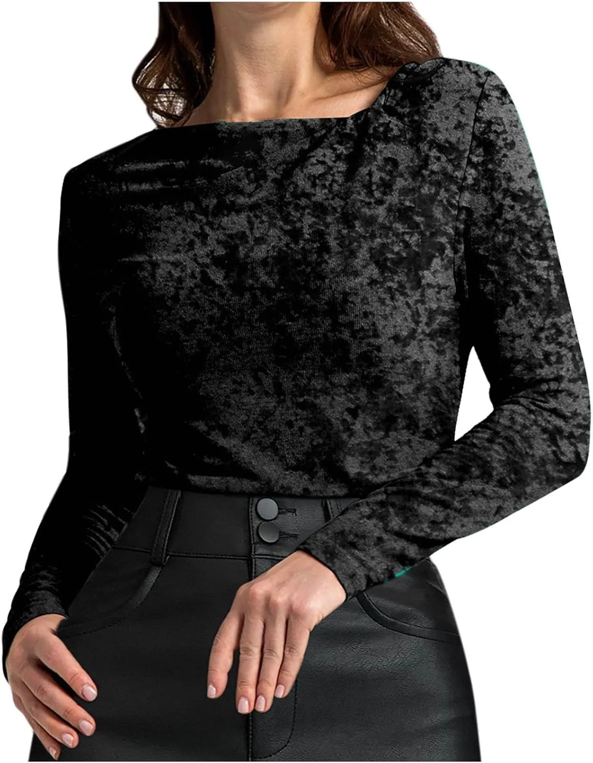 Women's Party Velvet Tops Long Sleeve Slim Fitted T-Shirt Solid V Neck Dressy Work Shirts Velour Blouses